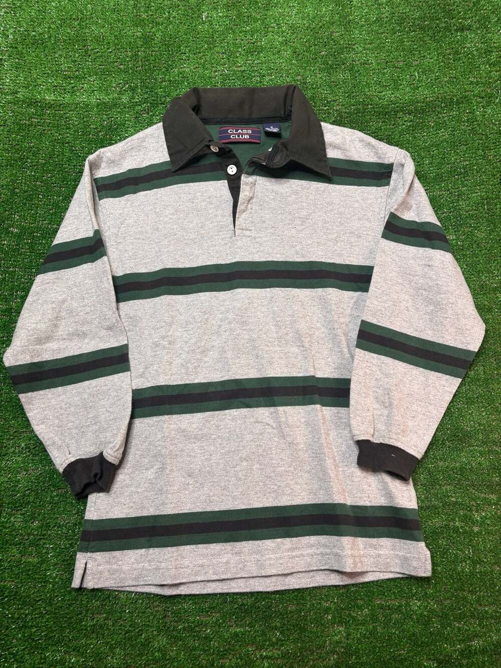 Vintage Class Club Gray and Green Striped Long Sleeve Rugby Polo Shirt Size M